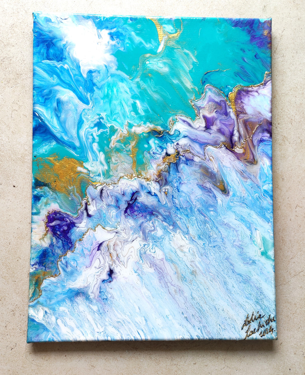 abstract painting with white, purple, green, blue and gold