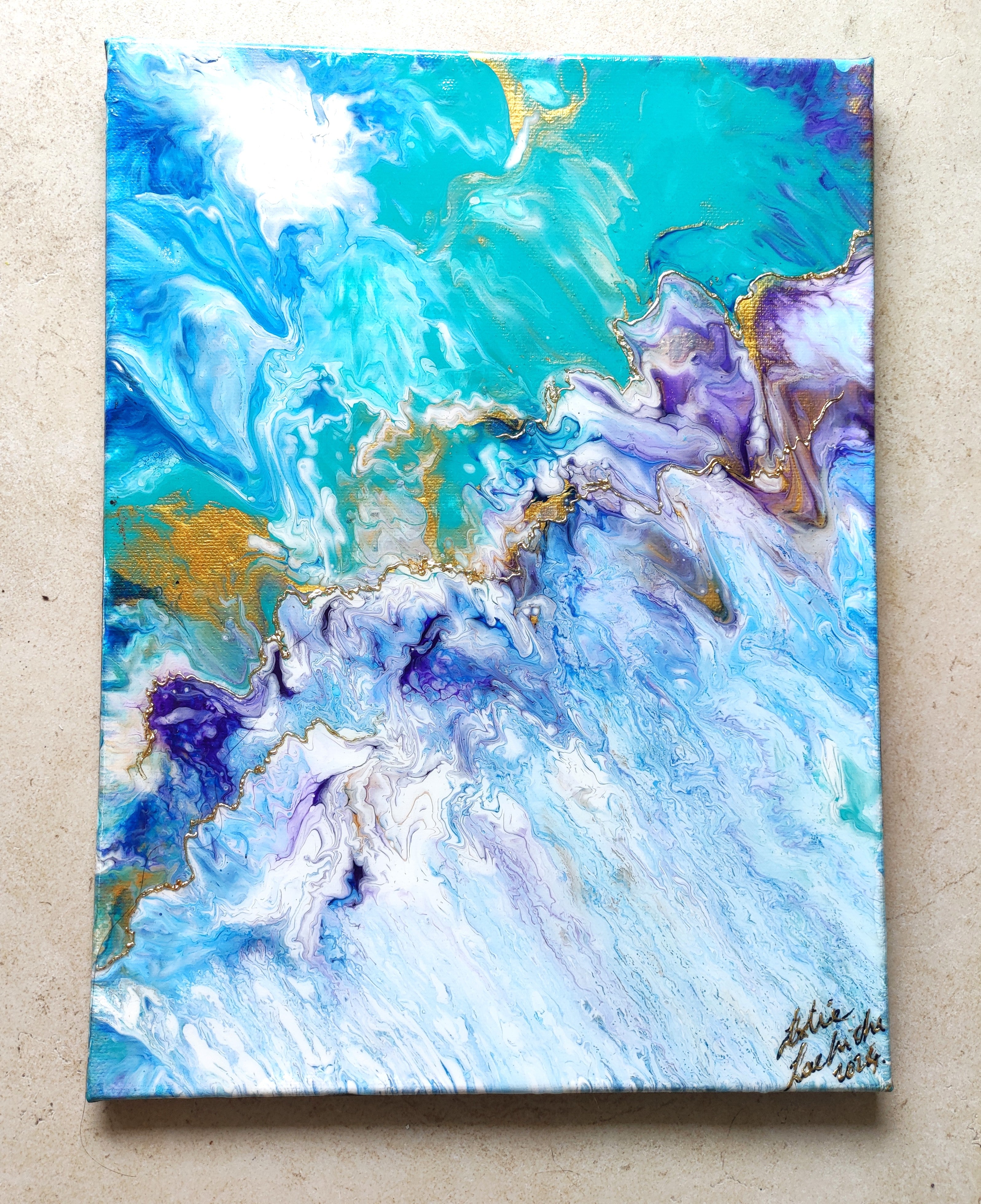 abstract painting with white, purple, green, blue and gold