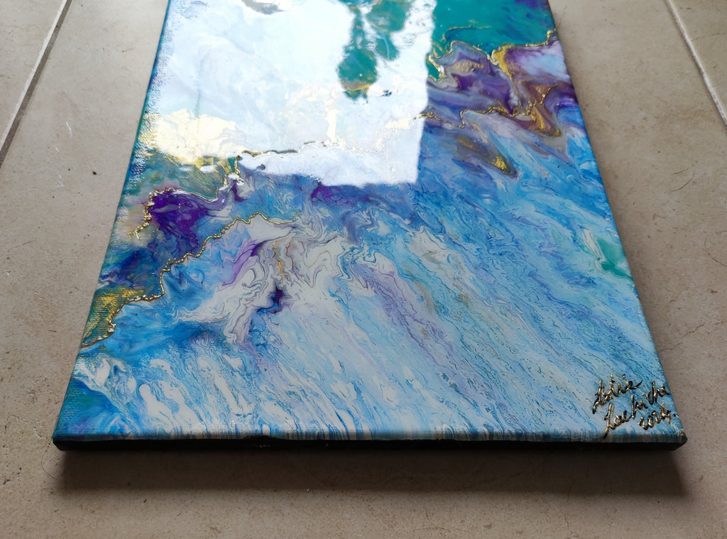 abstract painting with white, purple, green, blue and gold