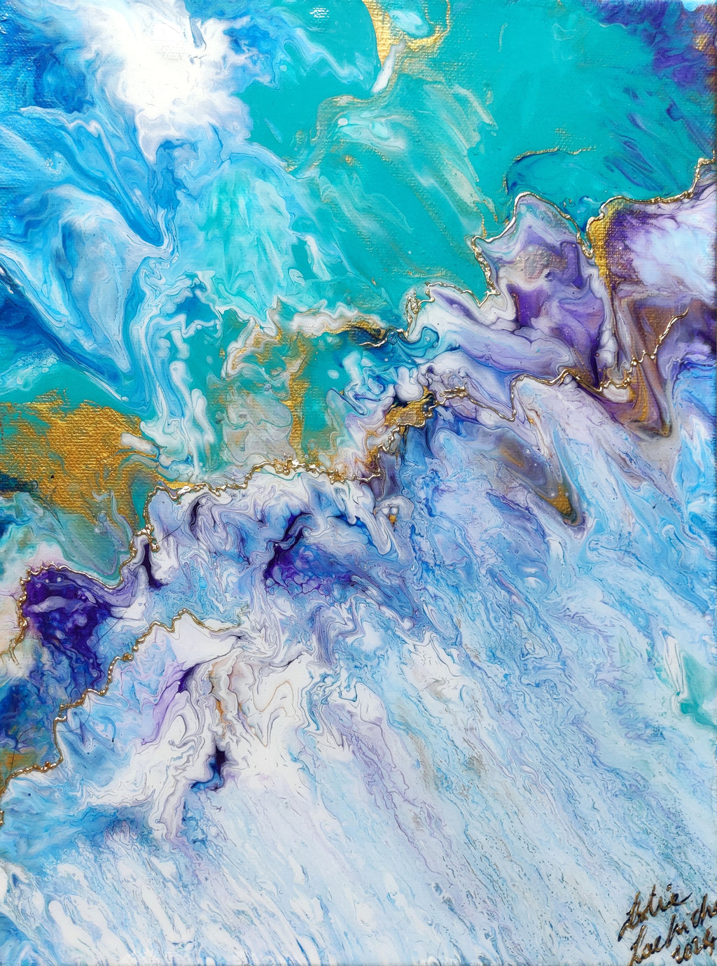 abstract painting with white, purple, green, blue and gold