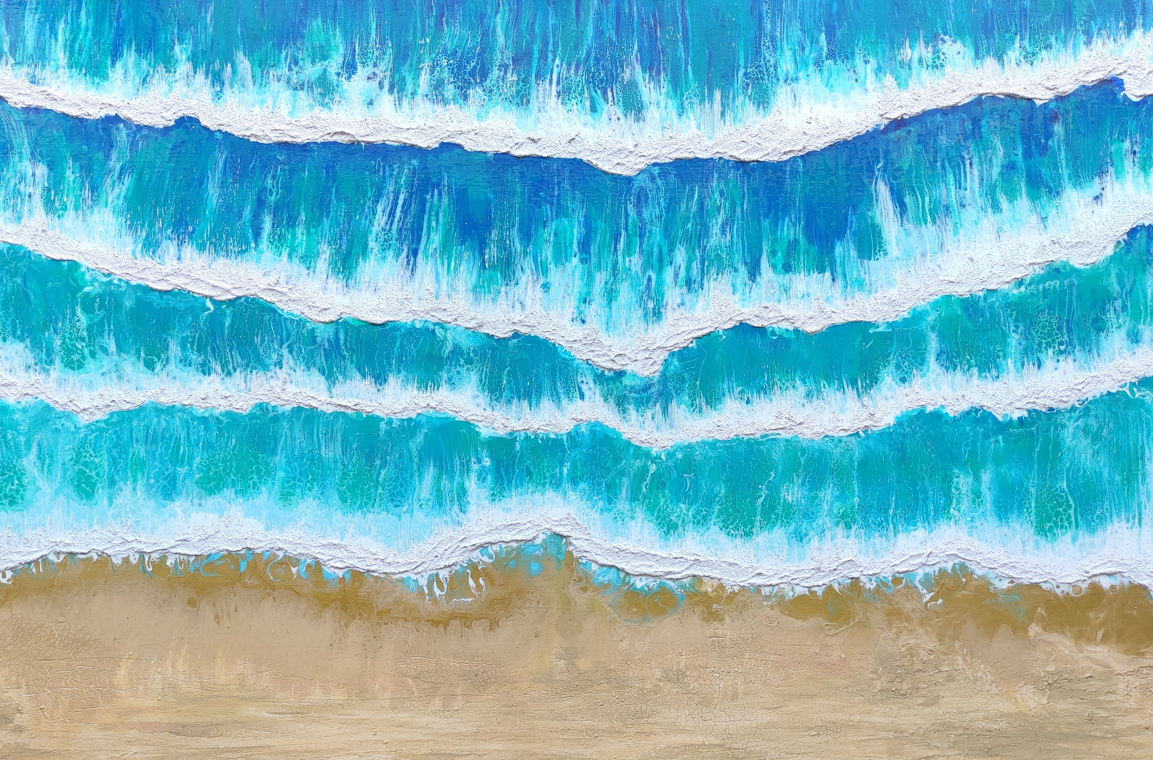 Artistic depiction of ocean waves crashing onto a sandy beach