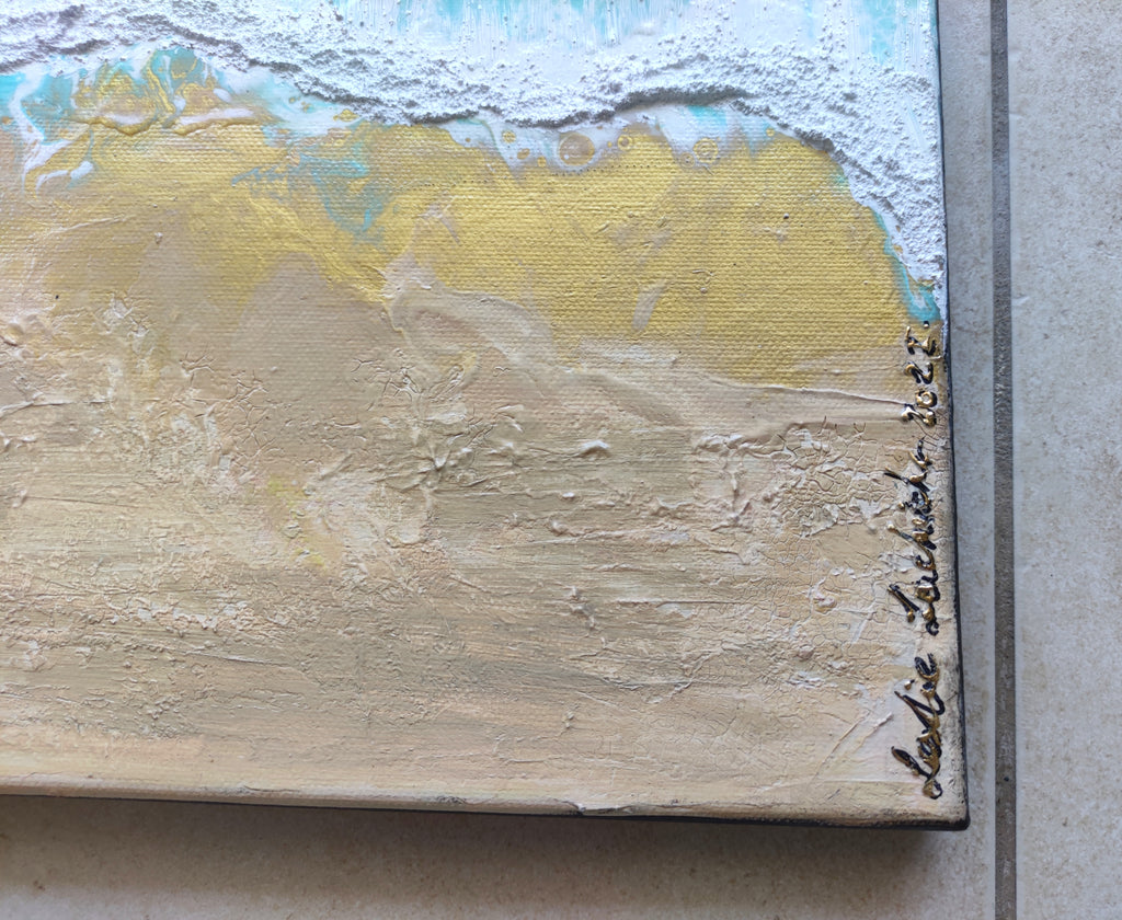 Artistic abstract painting with textured surface and signature on a gray background