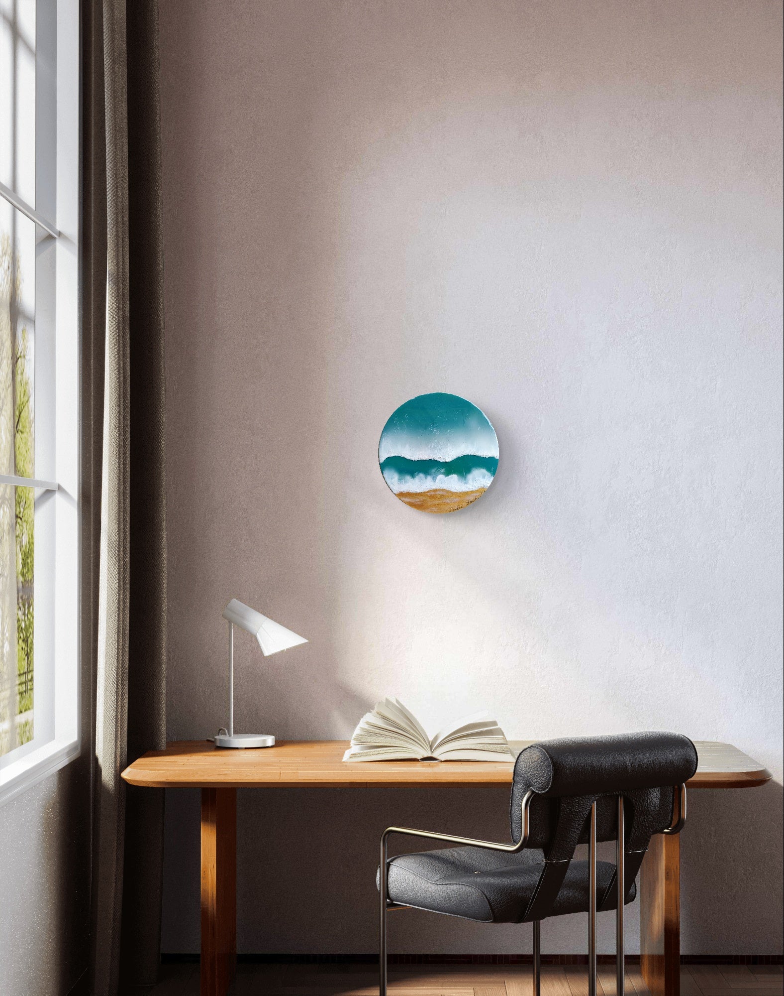 Shore of Love — Original Acrylic & Epoxy Resin Beach Painting on Wood Circle | OCEAN Collection