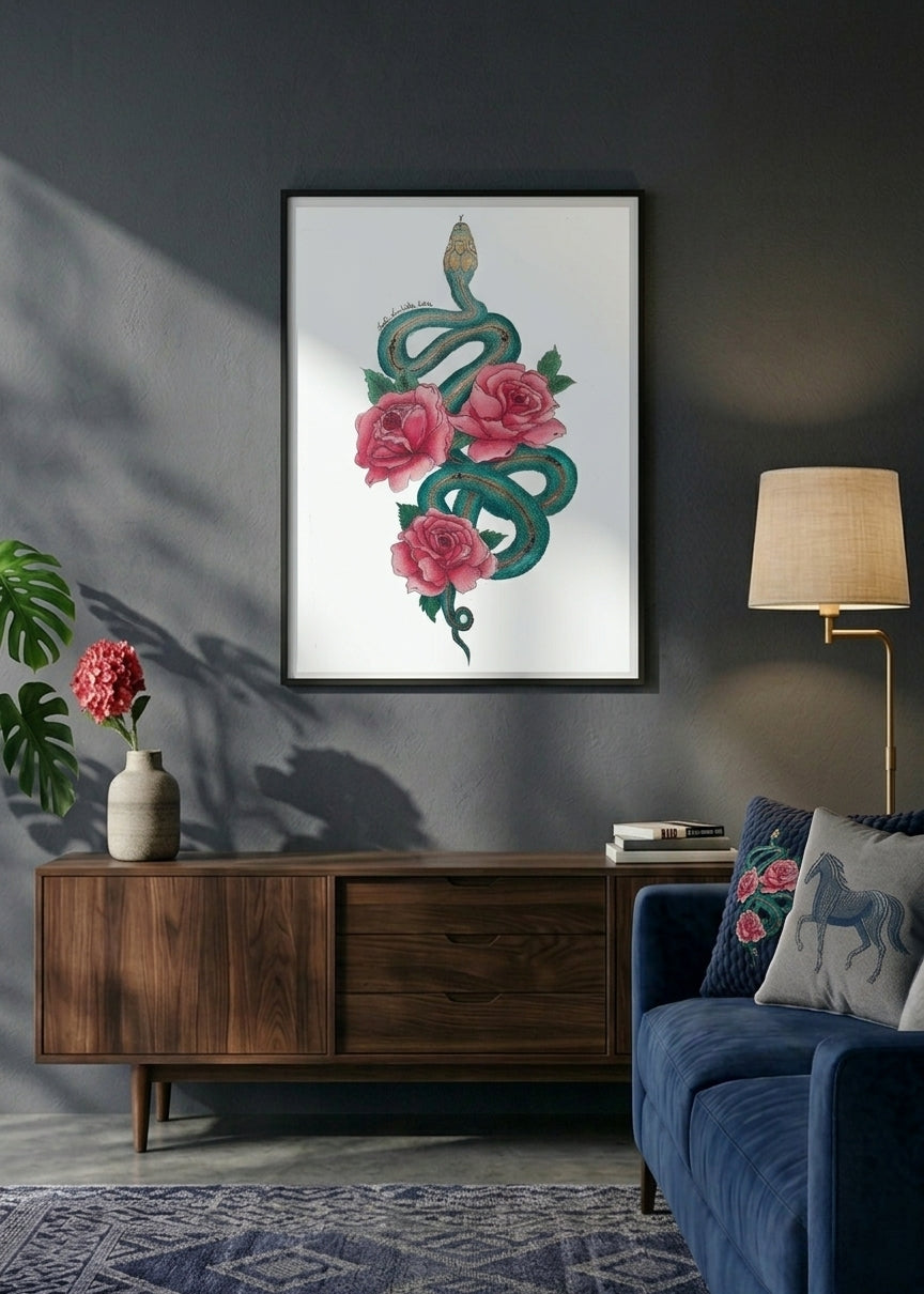 Living room with a framed artwork of a snake and flowers on a dark wall, wooden cabinet, and blue sofa.