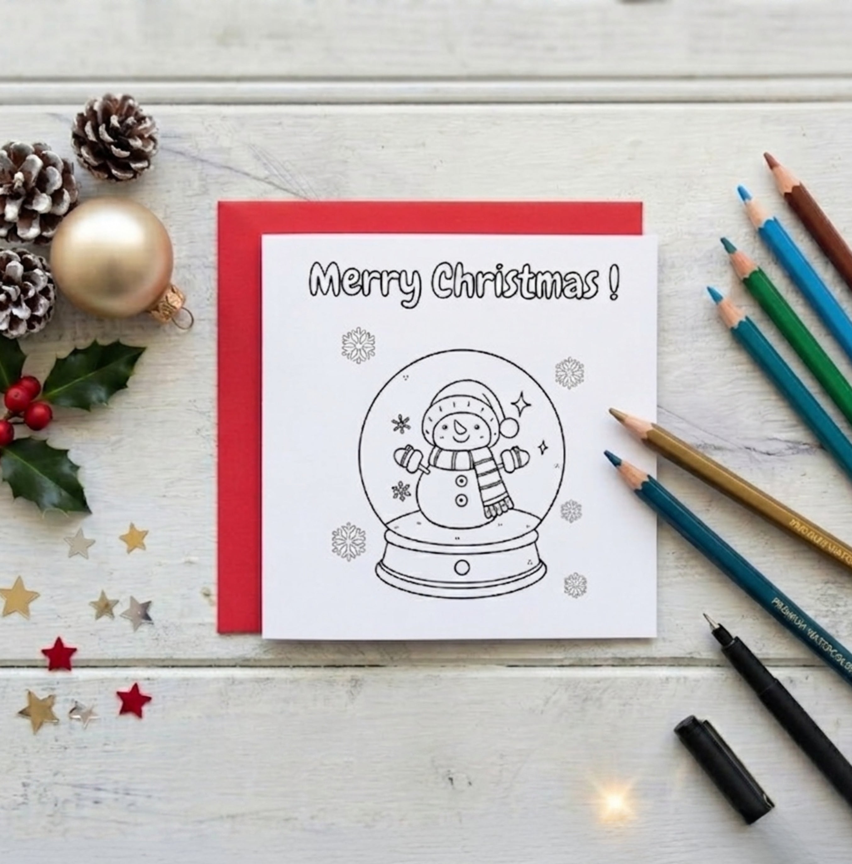 Snowman Snow Globe | Christmas Coloring Card — Color It Yourself Festive Greeting Card