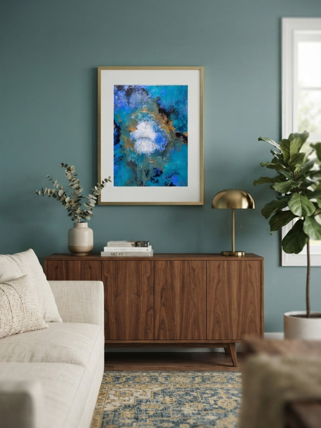 Living room with a wooden sideboard, beige sofa, and abstract art on a teal wall.