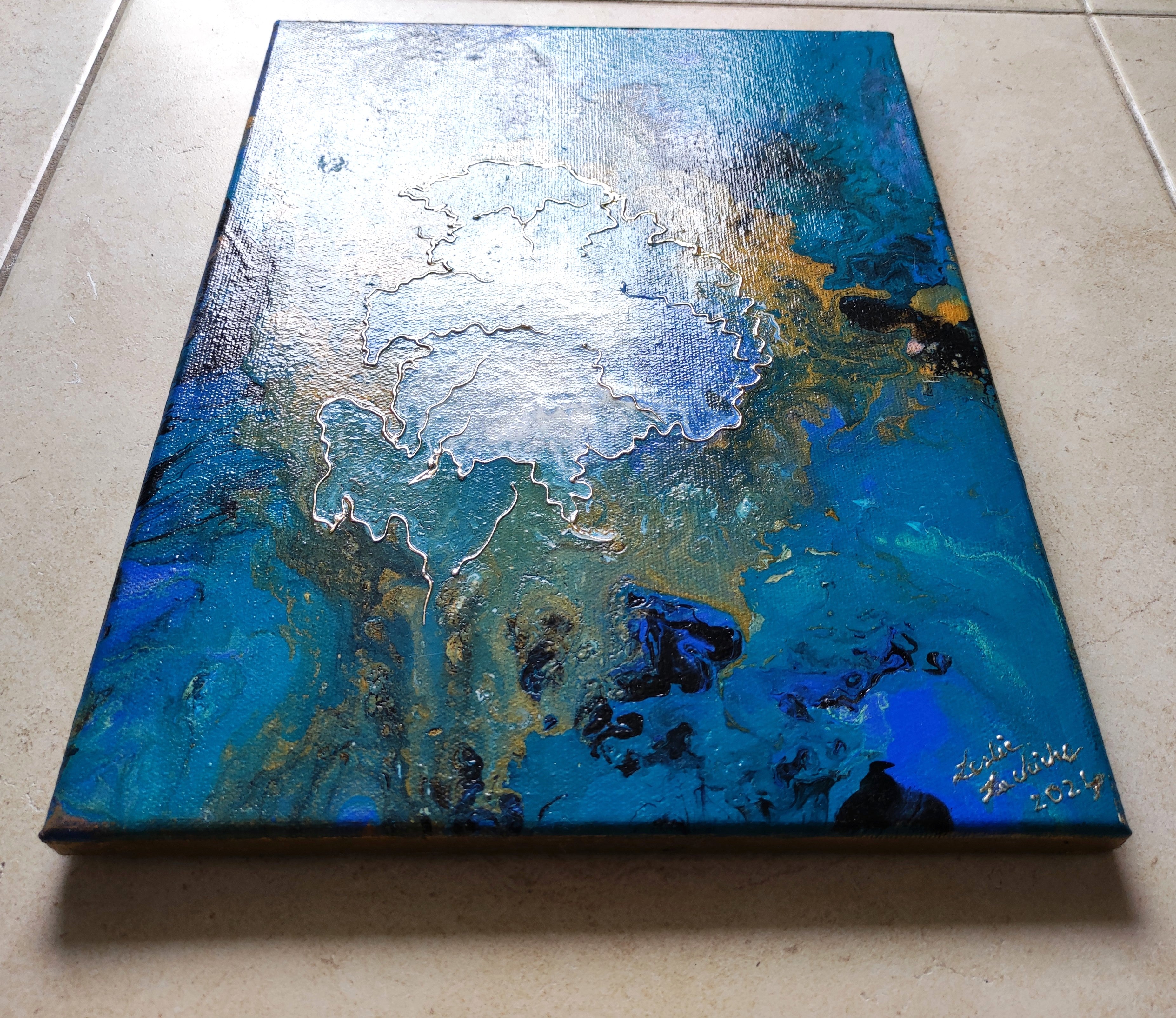 Abstract painting with blue and silver tones on a textured surface