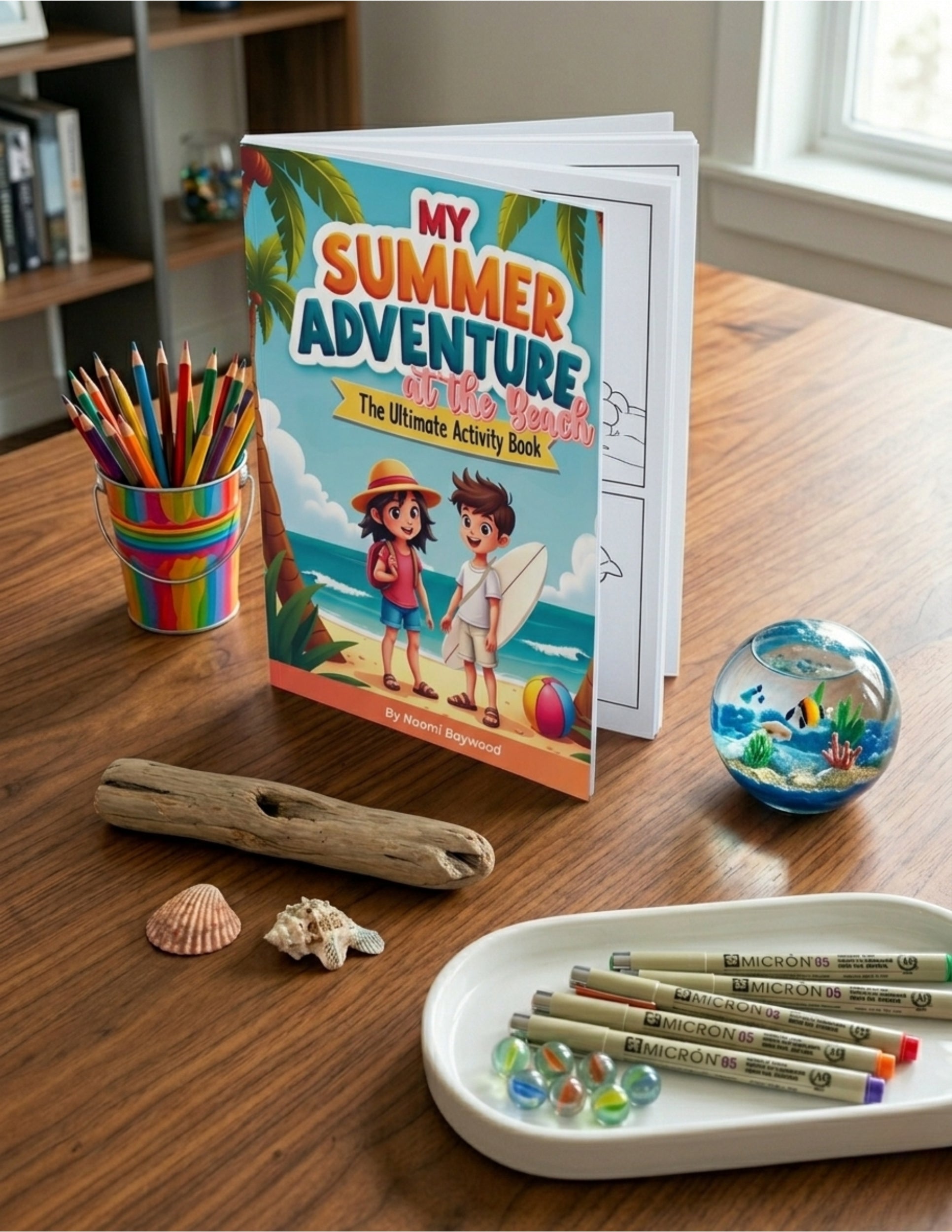 Children's activity book titled 'My Summer Adventure at the Beach' on a wooden table with stationery items.