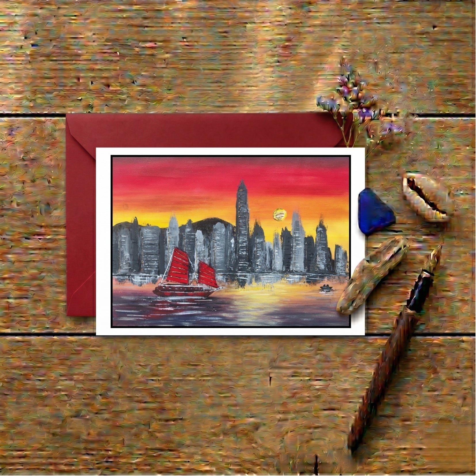 HK Sunset — Art Greeting Card | Original Oil Painting print | Leslie Lachiche