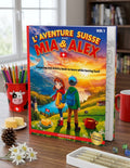 Coloring book titled 'L'Aventure Suisse avec Mia & Alex' on a table with stationery items.