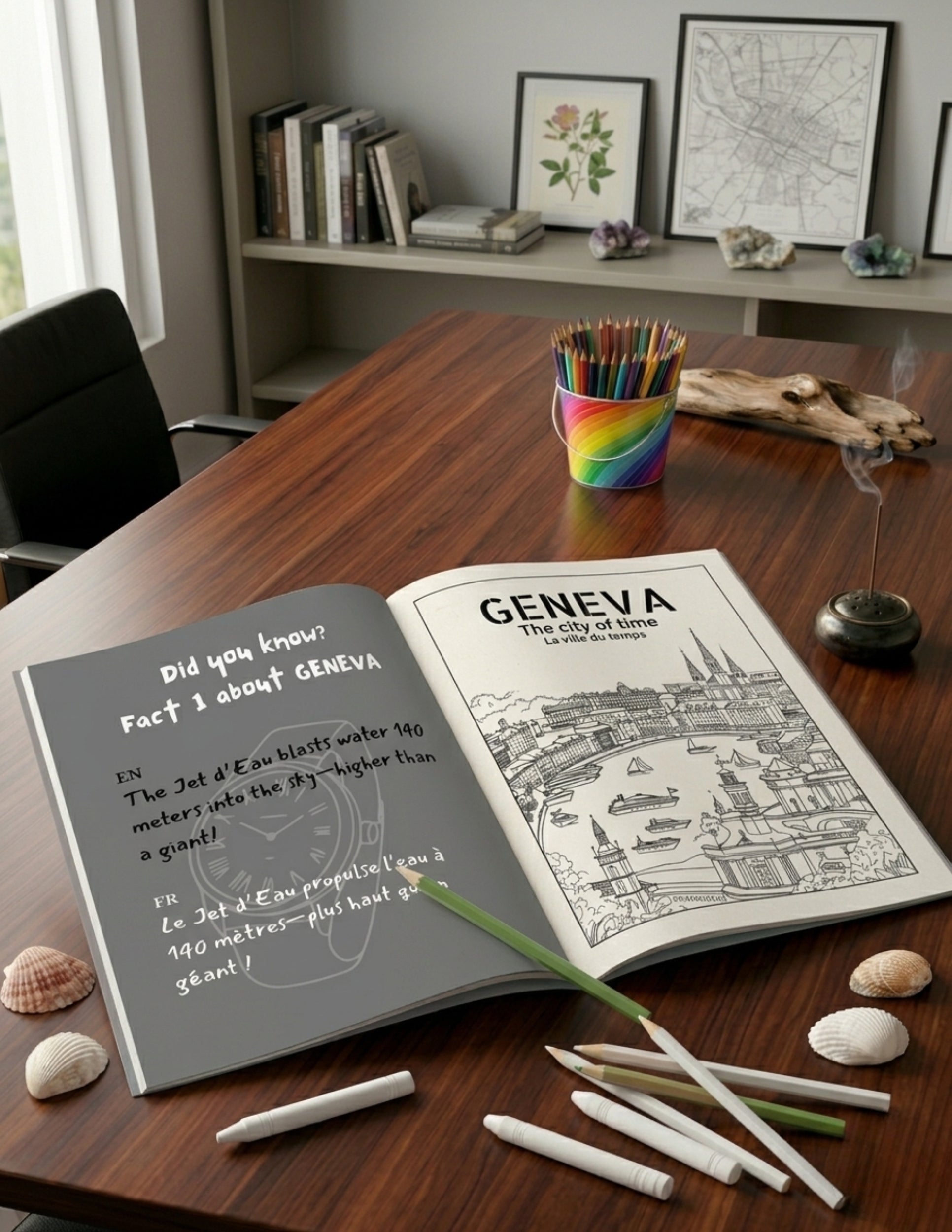 Open book with coloring page on a wooden table, surrounded by coloring supplies.