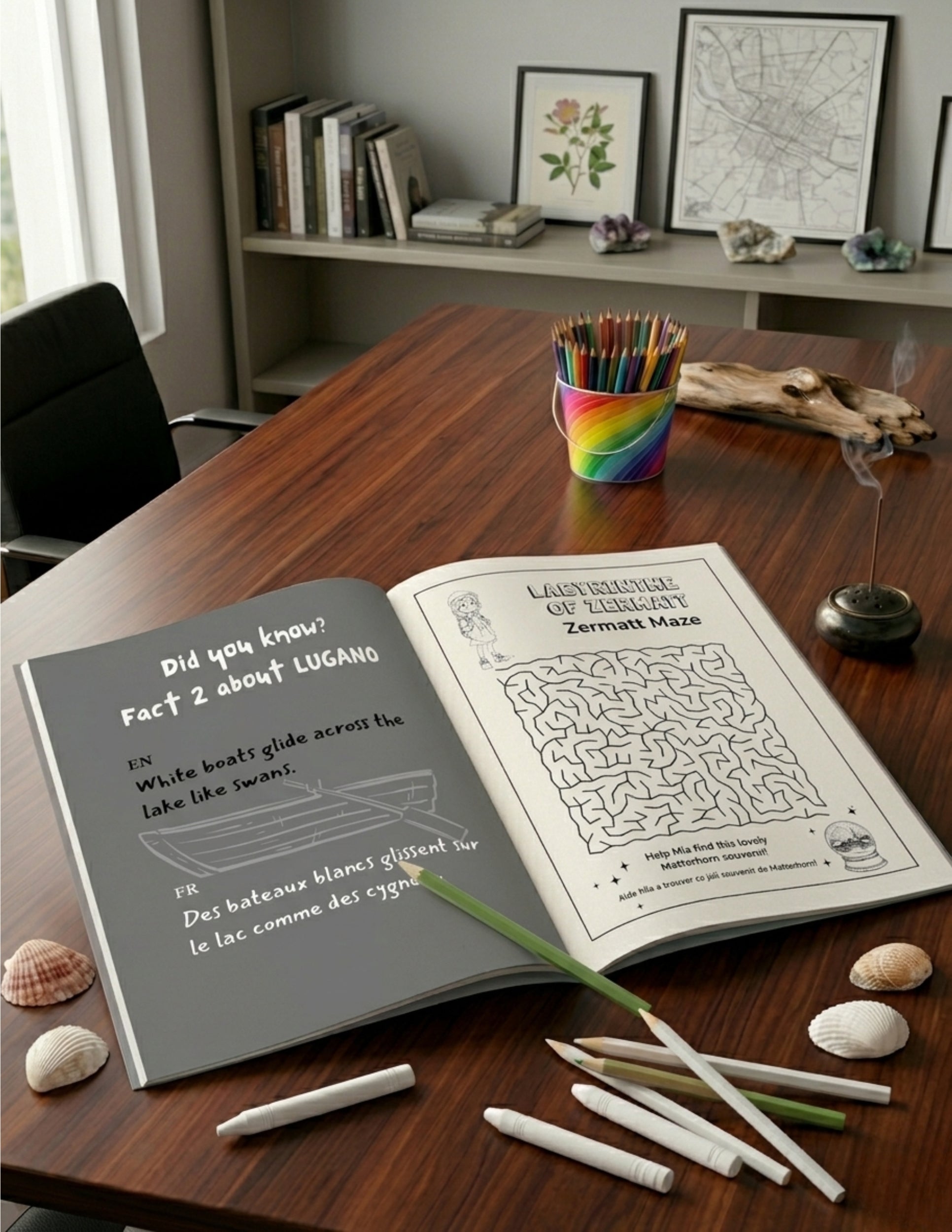 Open book with a maze on a wooden table with stationery items