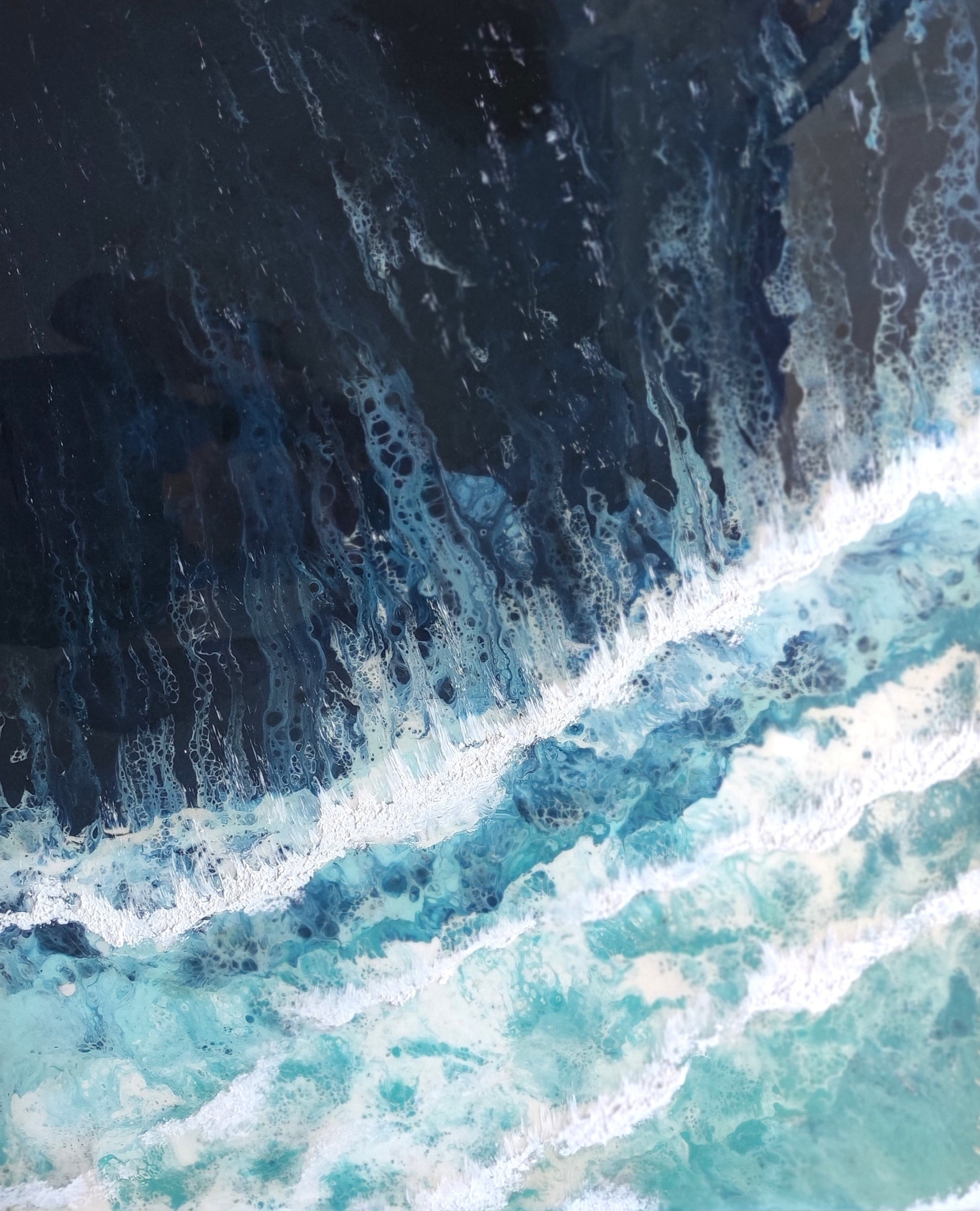 Close-up of ocean waves with white foam on a dark blue background