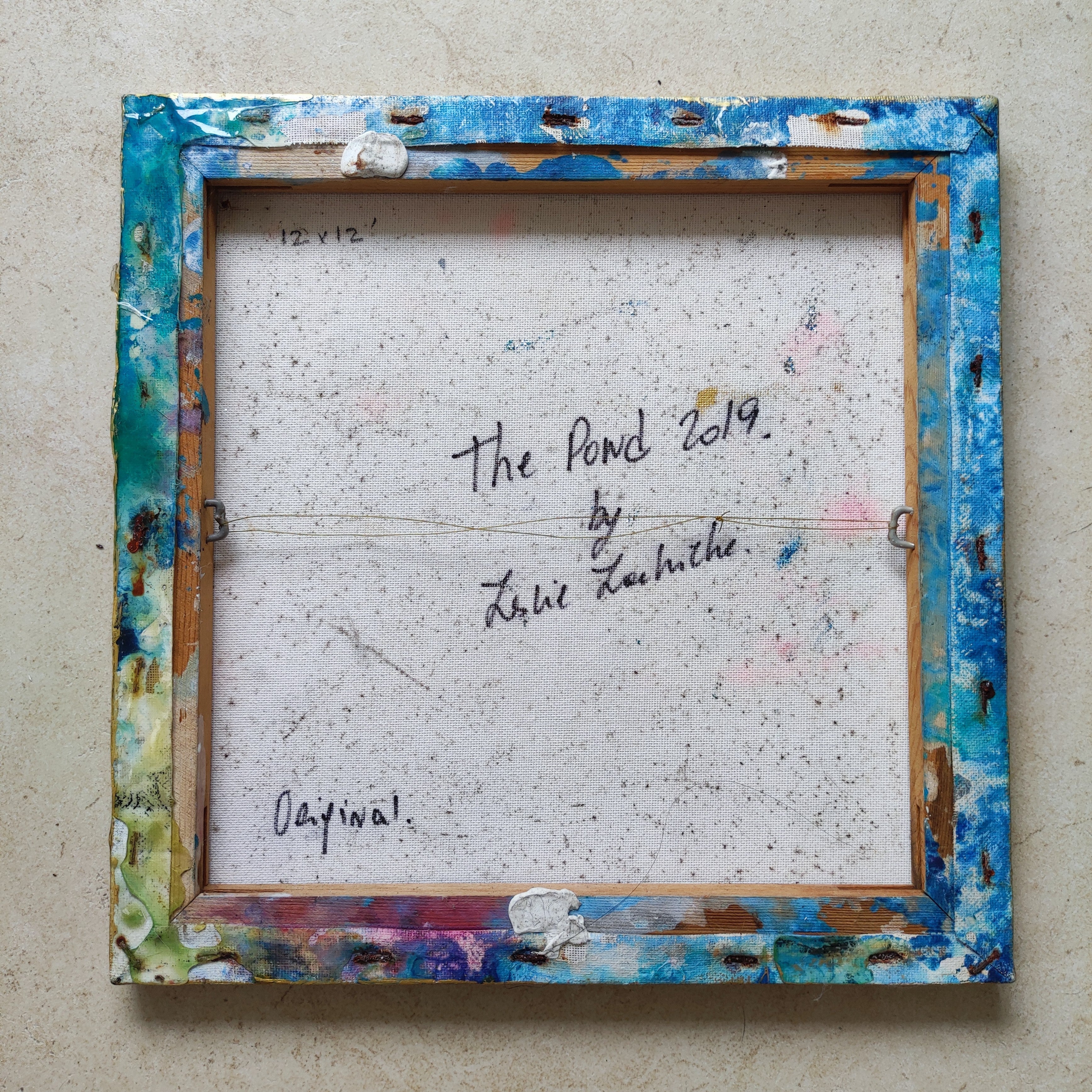 Artistic frame with text 'The Pond 2019 by Leslie lachiche on the canvas linen