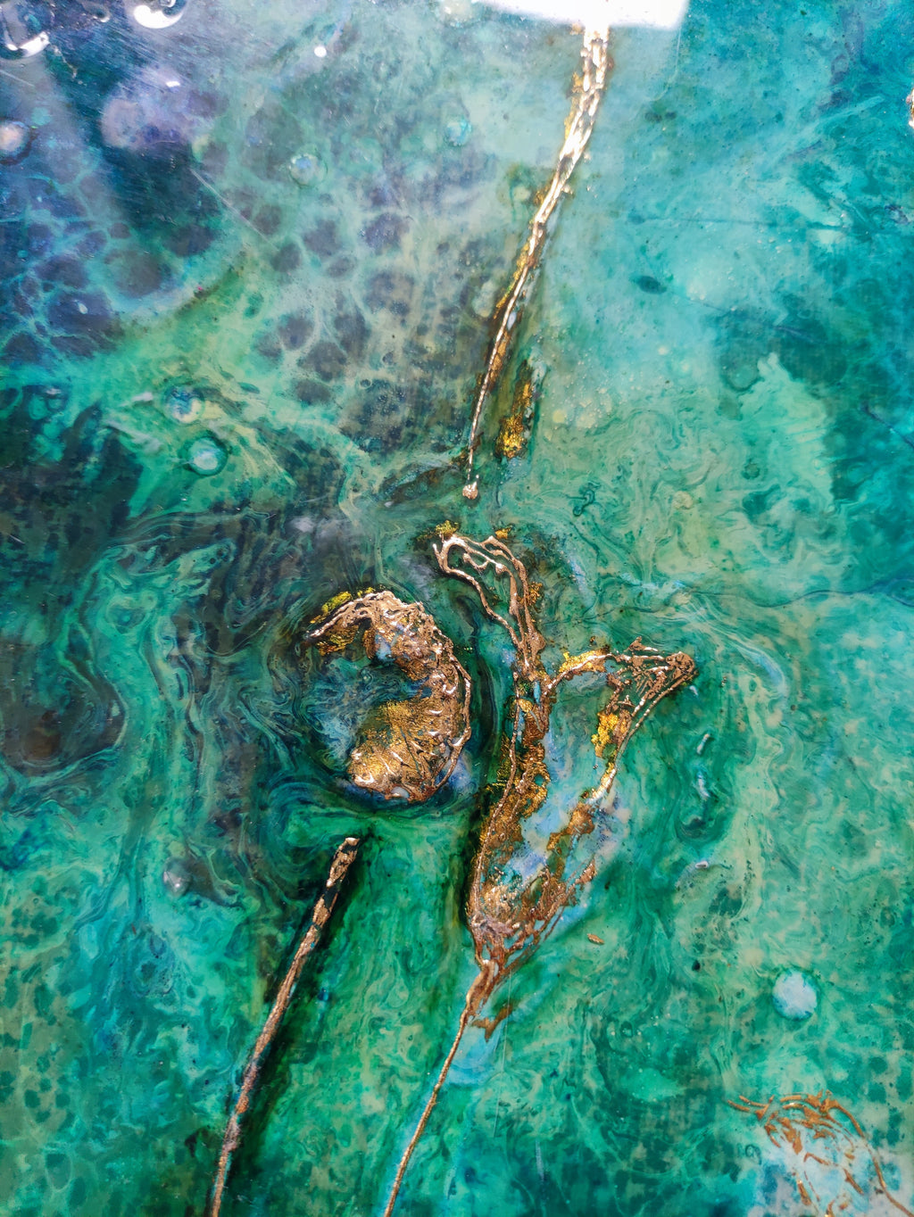 abstract resinart zoom with gold foil , fluidart and resin coated