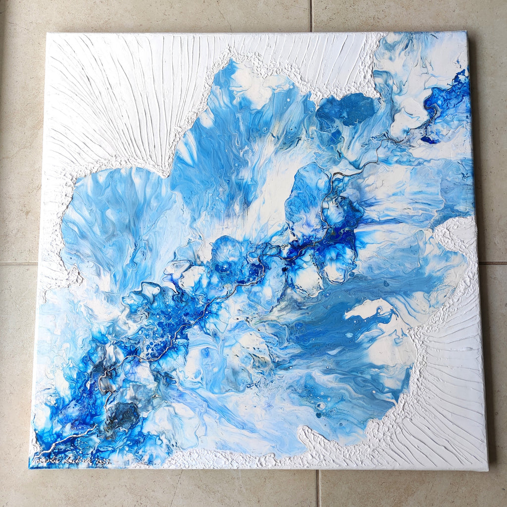 Abstract painting with blue and white colors on a textured surface