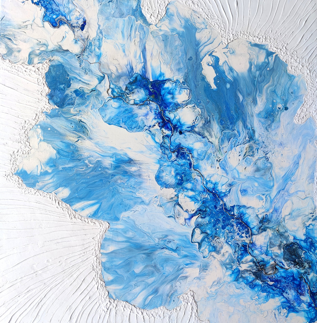 Abstract art with blue and white colors on a textured background
