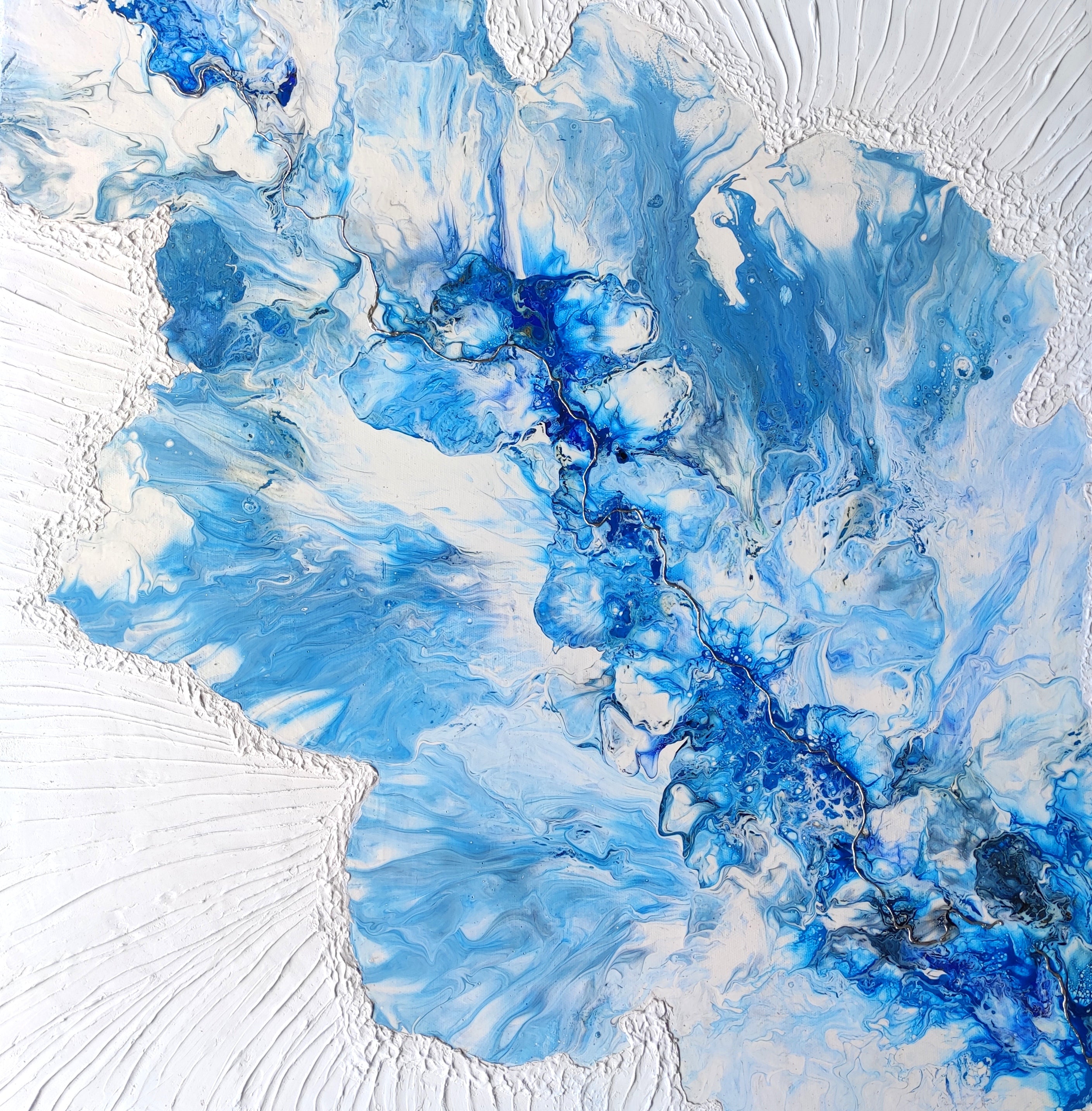 Abstract art with blue and white colors on a textured background