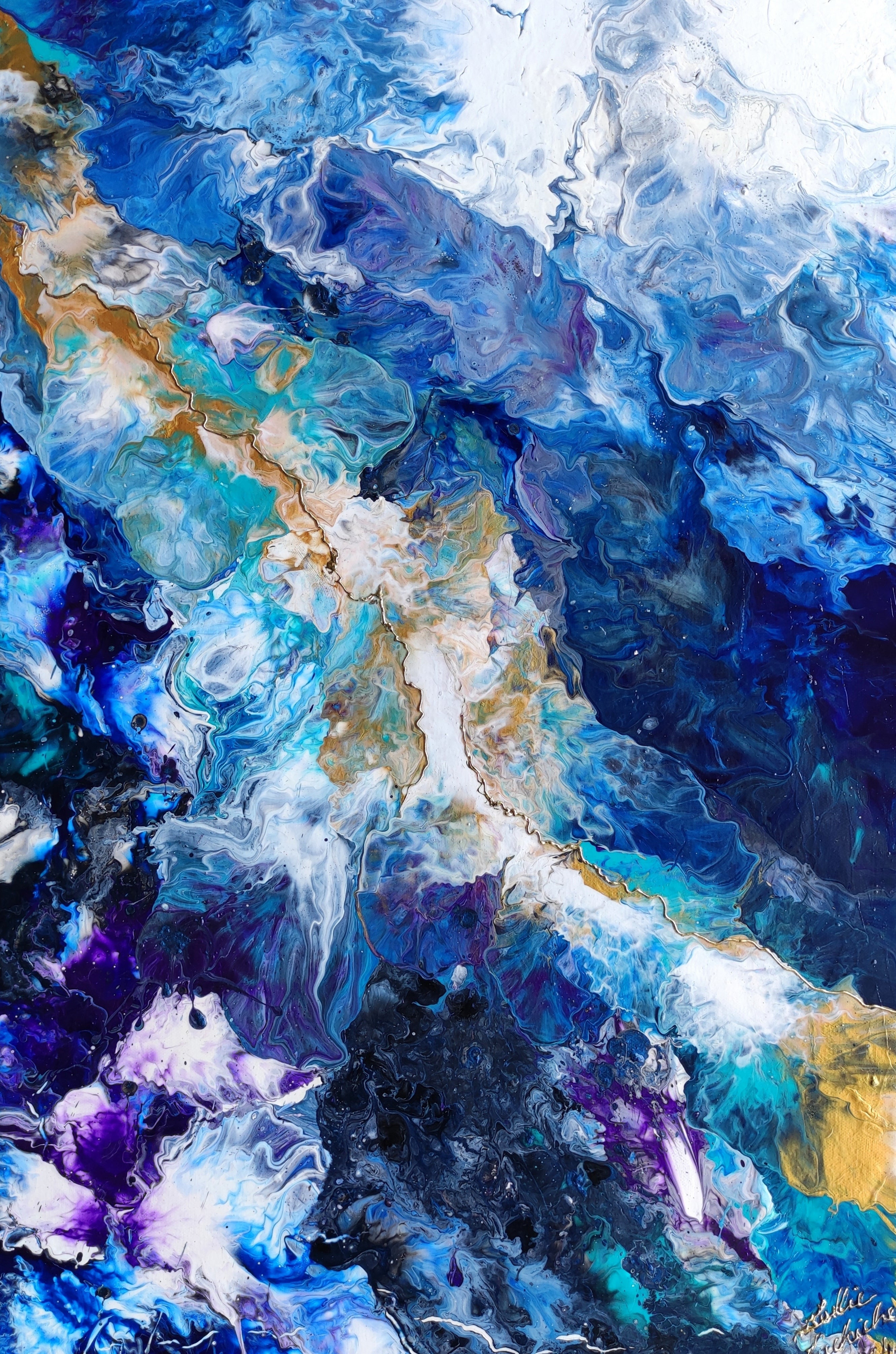 Abstract artwork with blue, purple, and gold colors