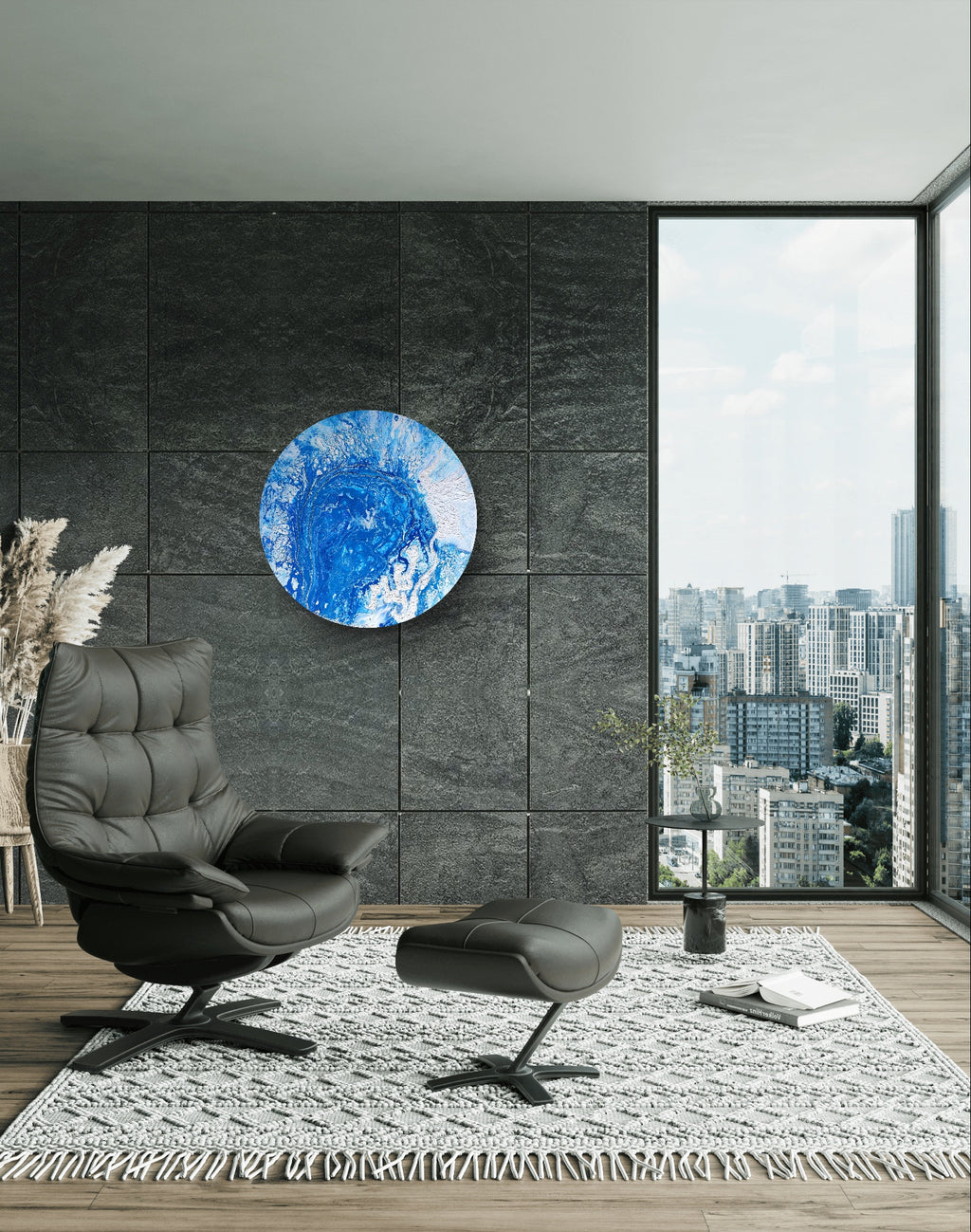 Water Sprinkle — Original Fluid Art Painting with Texture Paste on Round Canvas | OCEAN Collection