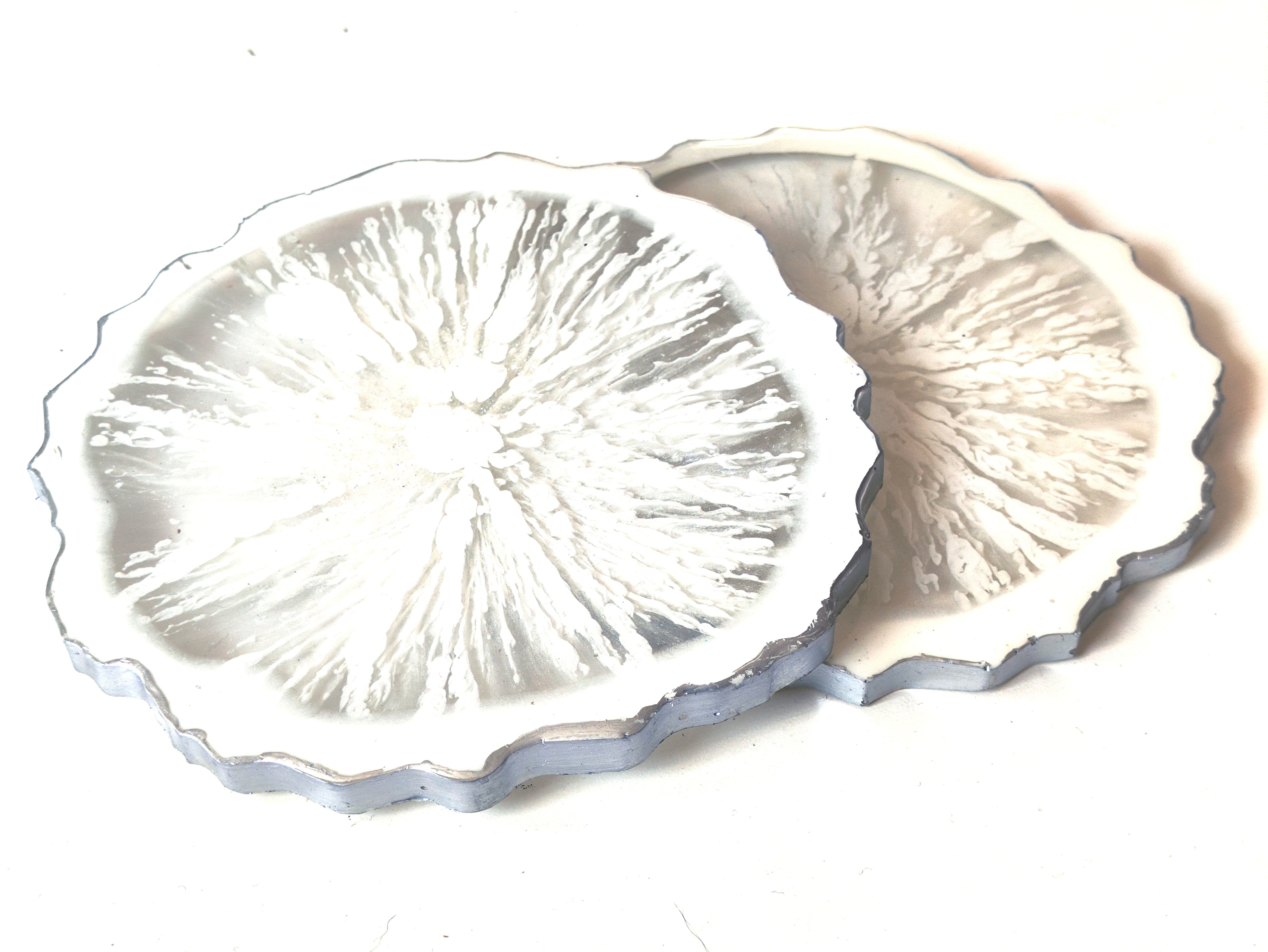 Snowflake Coasters — Set of 2 Geode Resin Coasters with Silver Edges | Leslie Lachiche