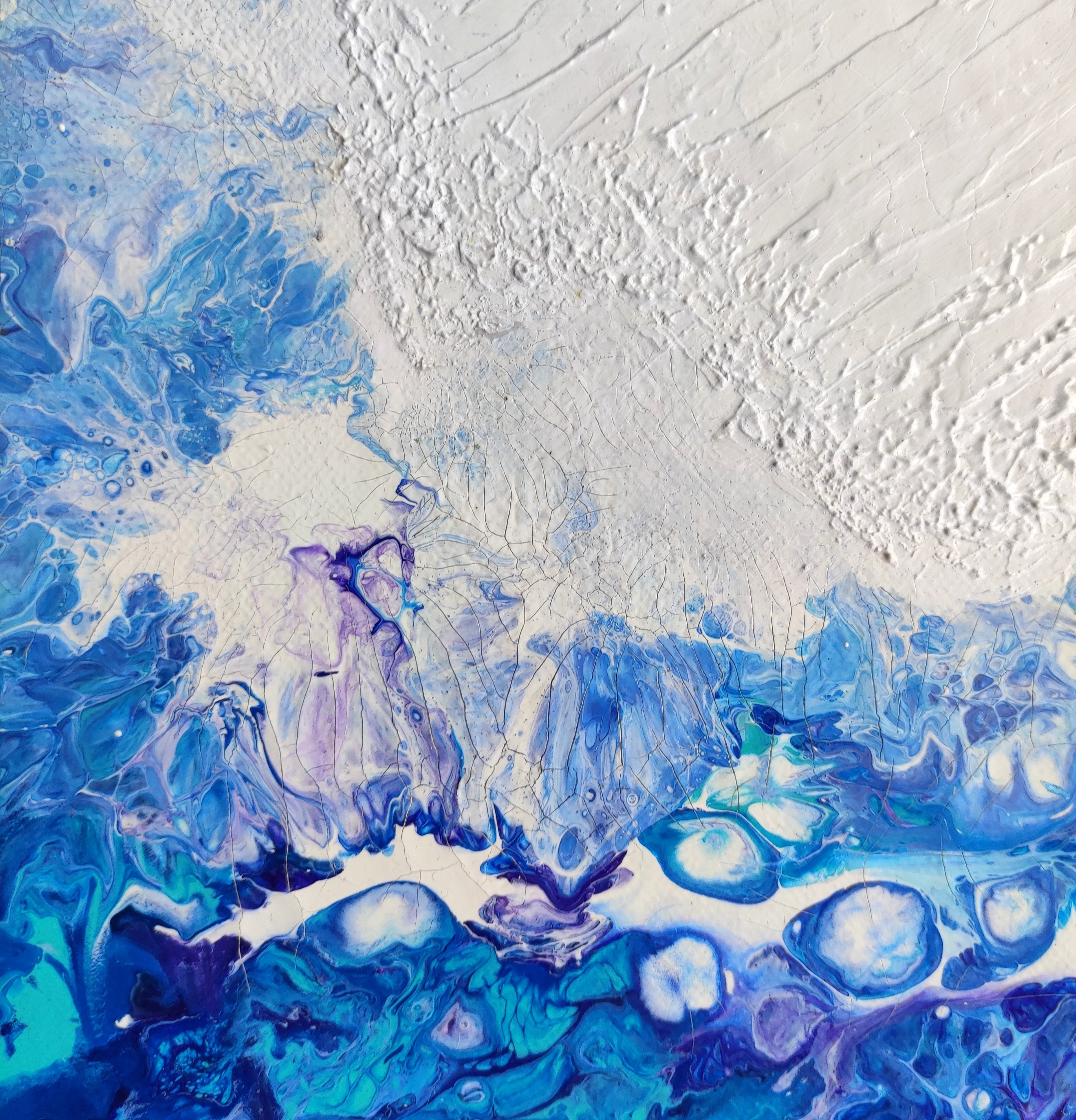 Abstract art with blue and purple hues on a textured white background