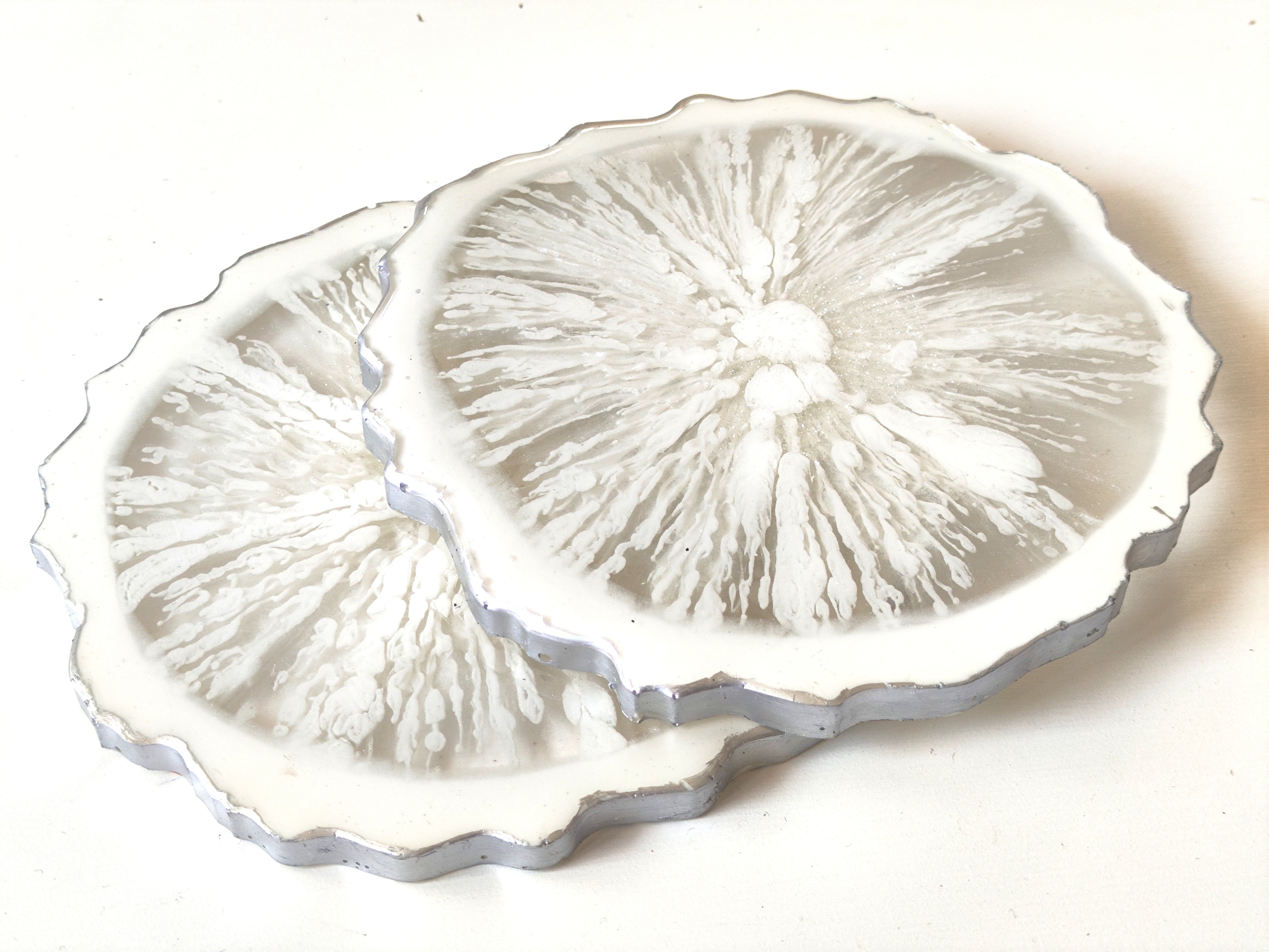 Snowflake Coasters — Set of 2 Geode Resin Coasters with Silver Edges | Leslie Lachiche